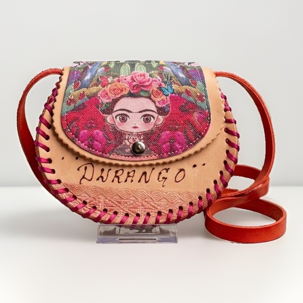 Handmade Mexican Leather Frida Kahlo Crossbody Purse Durango Mexico Souvenir Bag